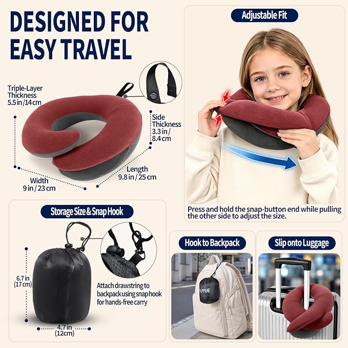Kids Travel Pillows for Airplane, Memory Foam 360° Head Support Sleeping Essentials for Long Flight, Skin-Friendly Soft Neck Pillow for Traveling in Car Seat, (Small, Red Grey, 40-90 lbs) - Image 5