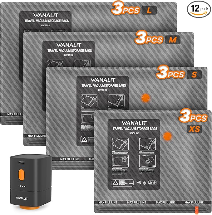 Vacuum Bags for Travel with Wireless Pump for Carry on Luggage Suitcase | 12 Pack in 4 Sizes Compression Packing Bags, 1800mAh Rechargeable Battery, Travel Essentials, Cruise and Home Storage by WANALIT