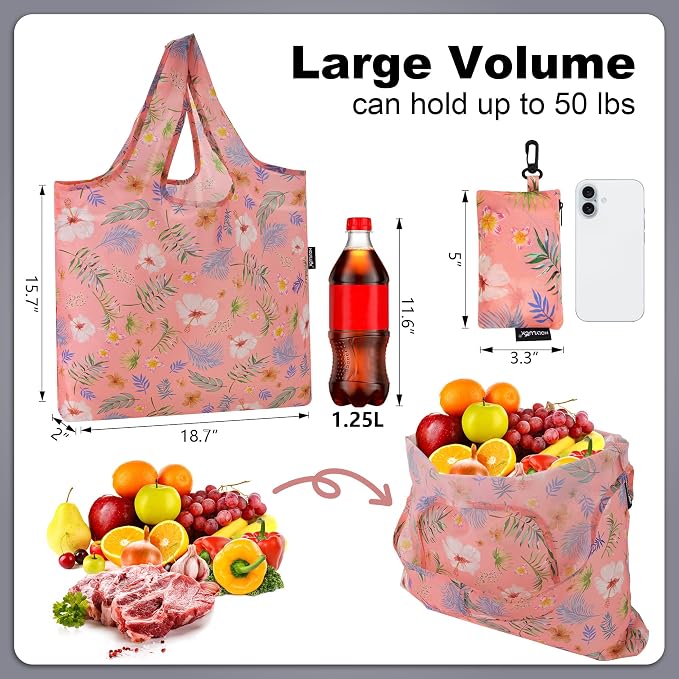 HOLYLUCK Reusable Grocery Bags,Heavy Duty Foldable Shopping Tote Bag (Standard, Tropical floral) - Image 3