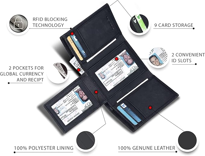 Real Leather Mens Trifold Wallet RFID Blocking Slim Minimalist Front Pocket - Thin & Stylish with ID Window in Gift Box - Image 2