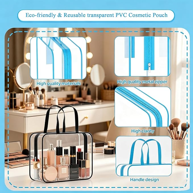 6 Pack Toiletry Bag Makeup Bag Cosmetic Bag, TSA Approved Clear Travel Toiletry Bag wih Zippers, Quart Size Travel Makeup Cosmetic Bag for Women Men (Large-6 Color) - Image 5