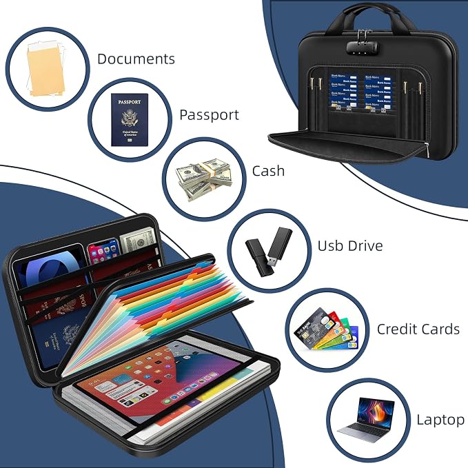 Hard Shell Fireproof Document Box with Combination Lock, 13 Pockets Accordion File Organizer, Important Document Safe for Home Office Travel, Waterproof Fire Proof Case Box for Certificates A4 - Image 5