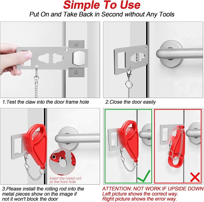 Portable Door Lock for Home Security Travel Lockdown Locker Safety Locks for Additional Safety and Privacy Perfect for Traveling Apartment College Red - Image 7