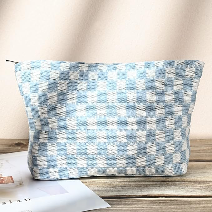 SOIDRAM 2 Pieces Makeup Bag Large Checkered Cosmetic Bag Capacity Canvas Travel Toiletry Bag Organizer Cute Makeup Brushes Aesthetic Accessories Storage Bag for Women,Checkered L Purple Light blue - Image 7