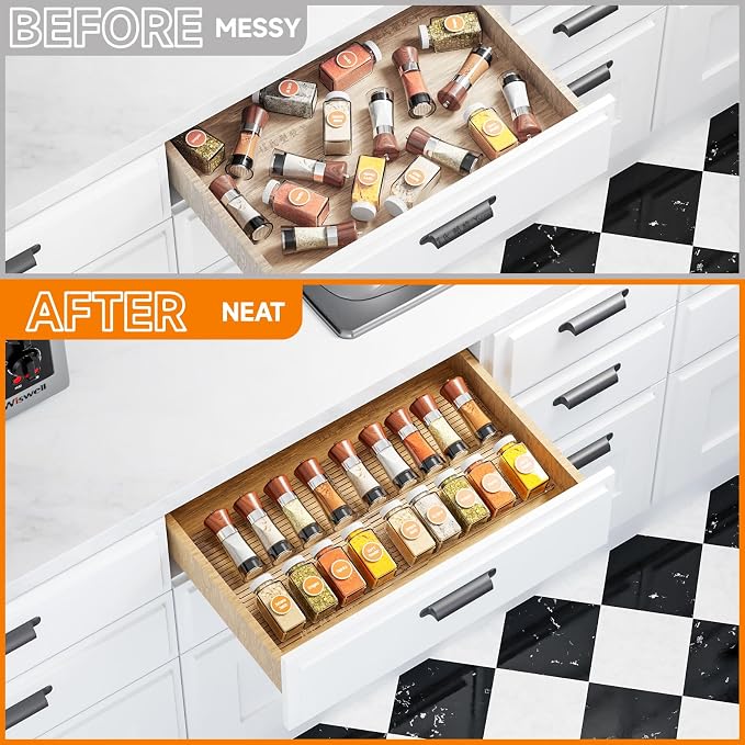4 Pack Adjustable In Drawer Spice Organizer - Expandable From 11'' to 22'' - Acrylic Drawer Seasoning Organizer,Clear Spice Organization Tray for Cabinet Drawers Condiment,Nail Polish and Jar - Image 7