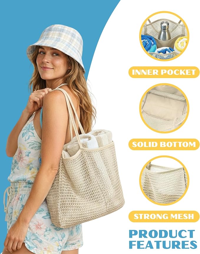 Rave Envy Large Mesh Beach Tote Bag - Waterproof Pool & Travel Beach Bag | Large Capacity | Sturdy Base | Lightweight Foldable Design | Quick-Drying Breathable Fabric | Spacious Multi-Pocket Storage - Image 3