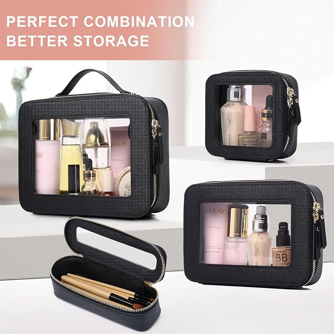 Pinkmik Clear Makeup Bag, (Black, M+MINI) | 2PC,Waterproof, Travel Case for Cosmetics and Toiletries, Women's Purse Organizer, Clear Car Bag with Zipper - Image 7