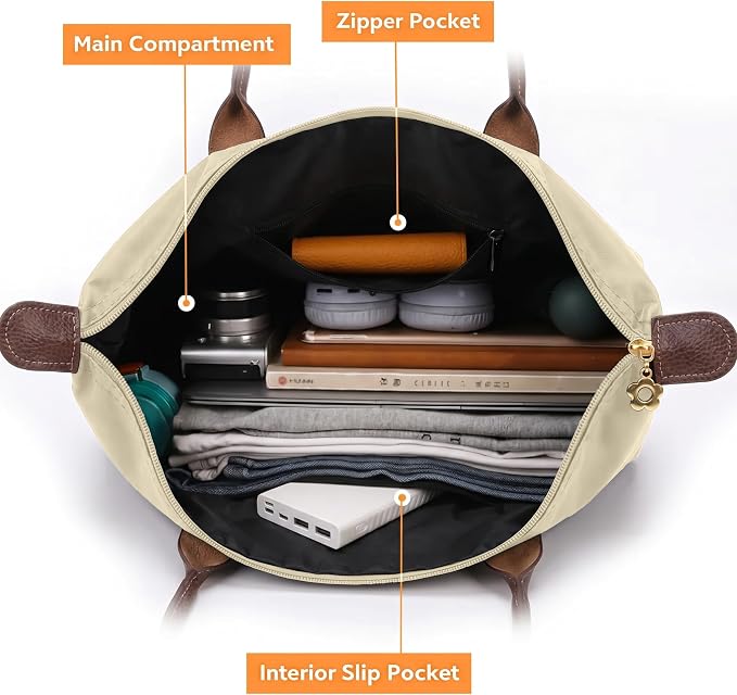 Nylon Tote Bag for Women, Lightweight Foldable Shoulder Tote with Zipper, Large Work Travel Bag for Everyday Use - Image 4