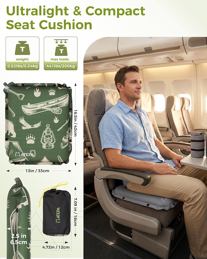 ATEPA Inflatable Seat Cushion | 2" & 2.5" Foam Core Seat Pad, Self Inflating, Compact, Stadium, Airplane, Travel, Camping, Hiking, Sports events - Image 2