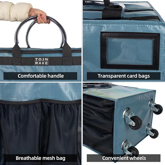 Reusable Grocery Bag On Wheels, Shopping Trolley, Rolling Tote with 8 Pockets and Zipper Cover, Foldable, Heavy Duty Handles, Carries Up to 46 LBS (Medium, Blue) - Image 6