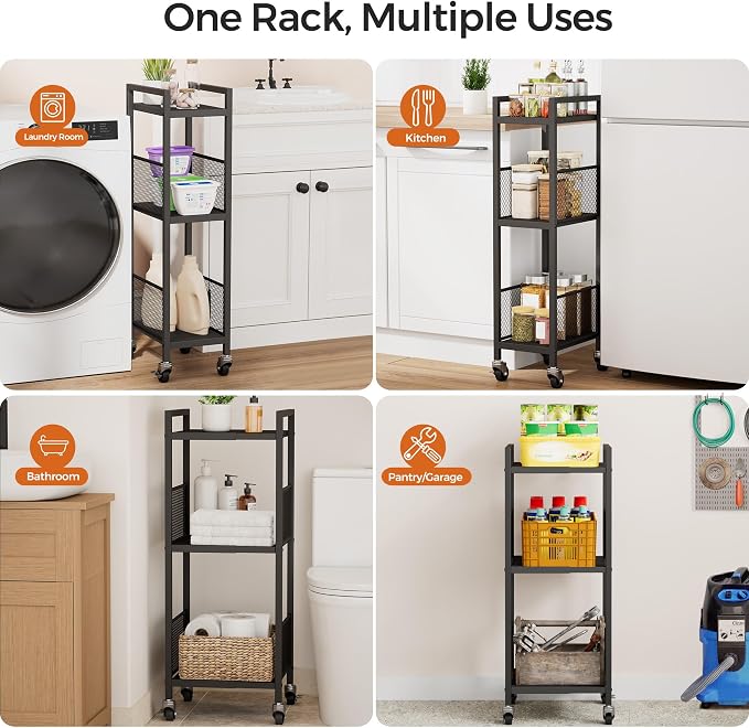 3-Tier Expandable Storage Shelving Unit,Slim Storage Cart,Metal | Adjustable Width 8.3" to 12.6", Bathroom Shelves, Narrow Shelf,Rolling Utility Cart, for Laundry, Bathroom,Small Spaces Black - Image 7