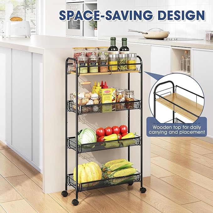 TOOLF 4-Tier Slim Rolling Cart, Metal Utility Cart, Slide Out Storage Cart with Wooden Tabletop and Mesh Baskets for Narrow Space on Kitchen Bathroom Laundry Room Bedroom Apartments Dormitory - Image 4