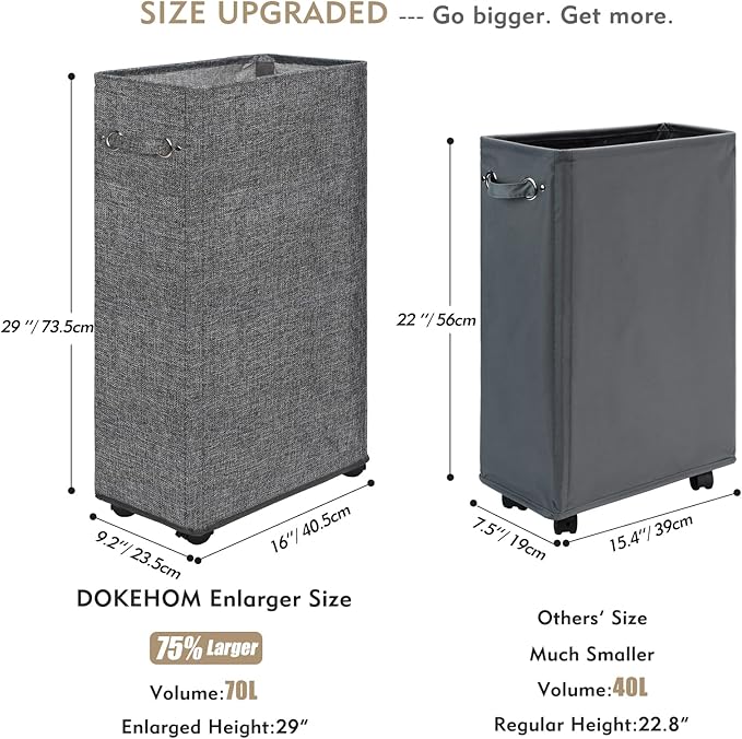 DOKEHOM 29" Enlarged Slim Rolling Laundry Basket Hamper on Wheels, Grey | Collapsible tall laundry hamper with removable mesh wash bag. Foldable narrow corner clothes storage bin for small spaces - Image 3