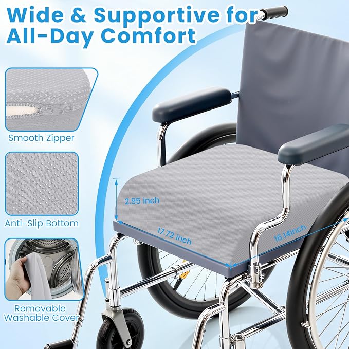 Wheelchair Seat Cushion for Pressure Relief, Cooling Gel Memory Foam Chair Cushion with Slope-Edge Design, Coccyx Support for Tailbone Pain, Non-Slip, for Wheelchairs, Office Chairs, Light Grey - Image 7