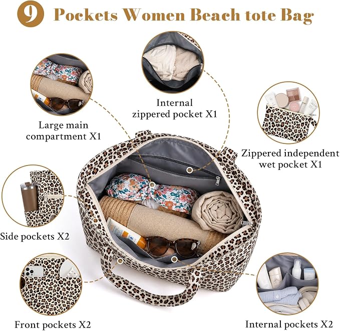 Large Beach Bags for Women, Waterproof Sandproof Beach Tote Bags Swim Pool Bags with Zipper & Wet Pocket Family - Image 5