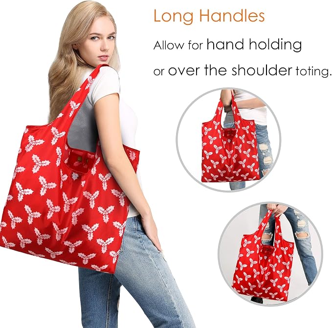 BeeGreen Christmas Reusable Grocery Bags 10 Pack Reusable Shopping Bags Bulk Christmas Gifts Tote Bags with Zipper Storage Pouch Elastic Band Foldable-Machine Washable - Image 8