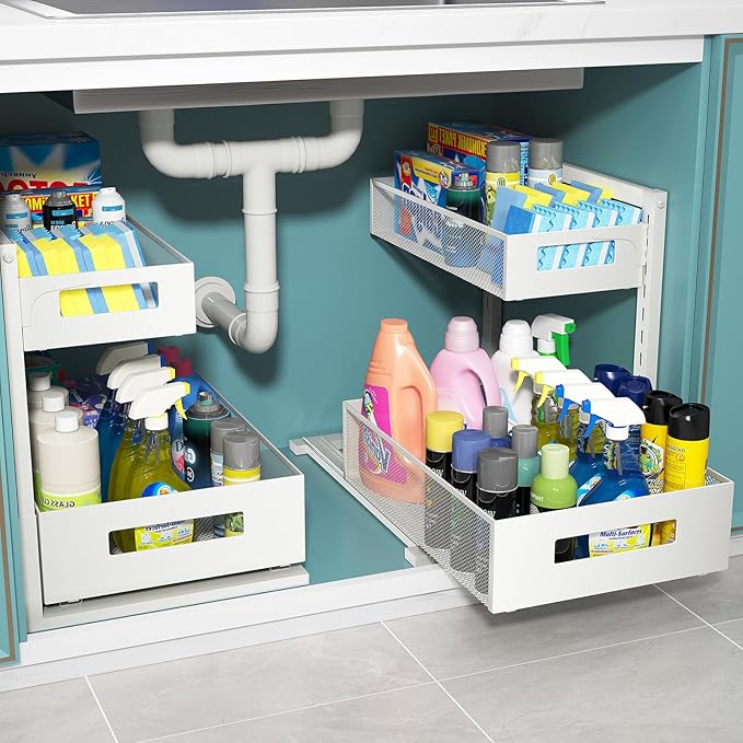 TISTAYA Under Sink Organizer, Bathroom Organizers and Storage, Cabinet Organizer Pottery Barn Furniture for Kitchen, Bathroom, Pantry, Laundry, Study, White，1XL, 2PCS by TISTAYADirect