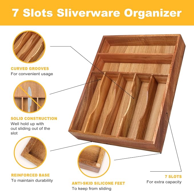 Kitchen Acacia Silverware Organizer - Extra Deep Grooved Drawer Divider, 7 Slot Utensil Organizer - Image 6