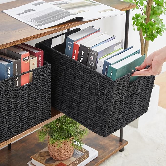 Wicker Storage Basket, Set of 2 Hand-Woven Paper Rope Wicker Basket, Small Storage Baskets for Organizing Toilet Paper Basket, Foldable Large Cube Storage Organizer Bins for Shelves (Black) - Image 5