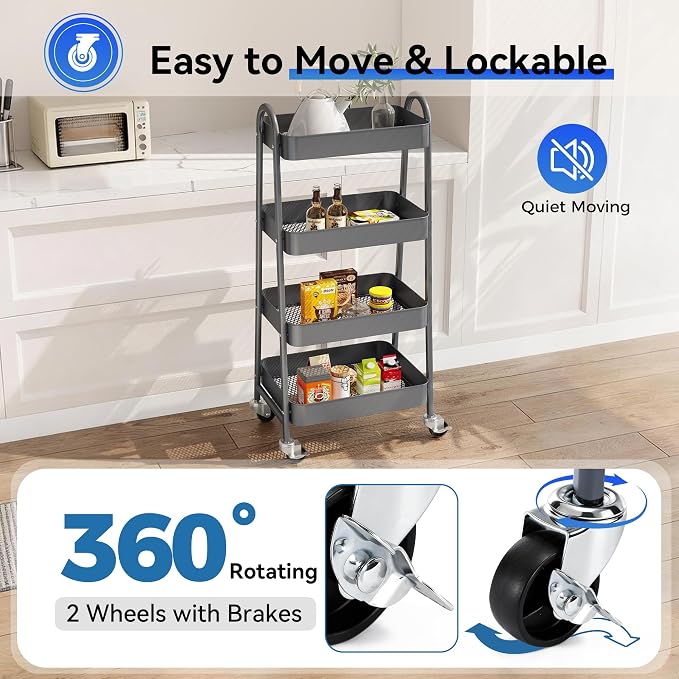OLIXIS Metal 4 Tiers Rolling Storage Utility Cart with Lockable Wheels | Mobile Organizer Shelf, Space-Saving, Freestanding, Bathroom, Living Room, Slim, Narrow Corner Spaces, Gray - Image 3