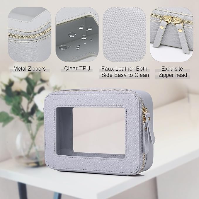 Pinkmik Clear Makeup Bag, (Gray, M) | Waterproof, Travel Cosmetics and Toiletries Case, Portable Makeup Organizer, Clear Car Bag with Zipper - Image 5