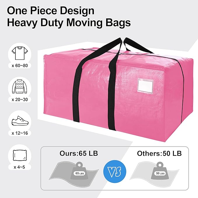 VELVETSURE 12 Pack Heavy Duty Large Moving Bags W/Backpack Straps - Strong Handles & Zippers, Storage Totes For Space Saving, Fold Flat, Alternative to Moving Box and Storage Bin, Pink - Image 5