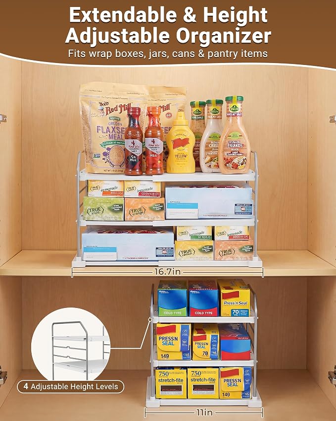 EVERIE Extendable 3-Tier Kitchen Cabinet & Pantry Organizer for Plastic Wrap, Foil & Storage Bags, Adjustable Heavy Duty Shelf Rack for Wrap Boxes, Jars & Snack Boxes (11–16.7 in Wide), Pack of 2 - Image 2