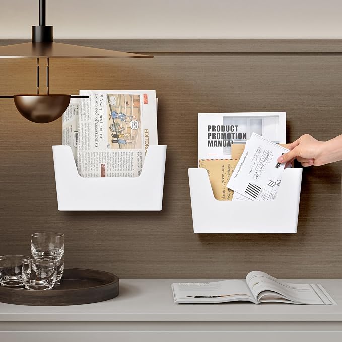 YOHOM Adhesive File Holder Plastic Document Folder Door No Drilling Mount Mail Magazine Organizer A4 Filing Envelopes Folder, Office Wall Mount Single Pocket (WHITE, 2 PCS) - Image 4