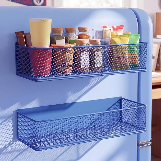 FoldTier 2 Pack Blue Magnetic Basket Dorm Mini Fridge Shelf Organizer Kitchen Storage Bin Container Spice Holder for Locker Refrigerator Pantry Dorm Essentials (13.8 x 3.1 x 4.9 Inch) by FoldTier