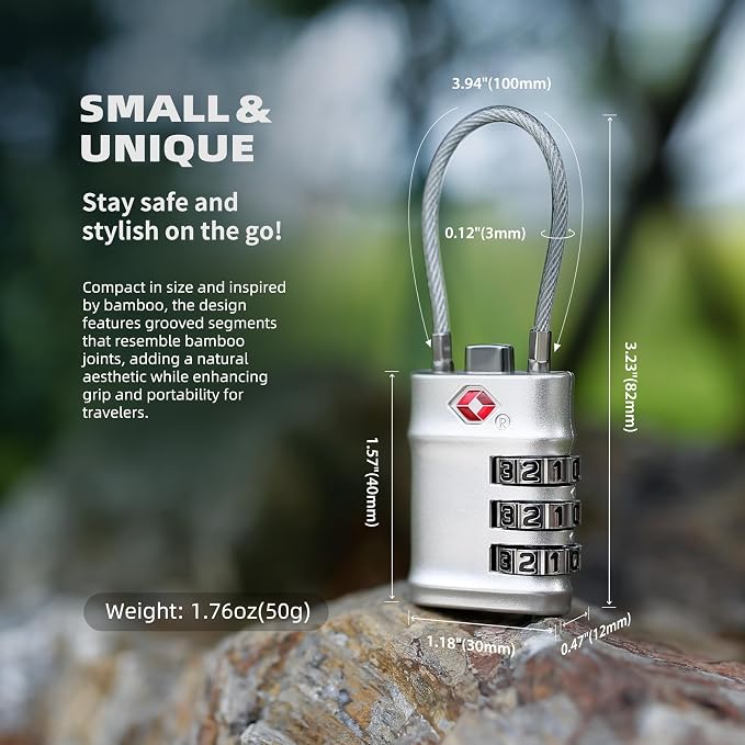 Luggage Locks TSA Approved, Small Padlock Combination with Cable, TSA Locks for Luggage, Combo Padlock with Code, for Travel Suitcase, Gym Locker, Gun Case, Backpack Zipper (Black+Silver) - Image 2