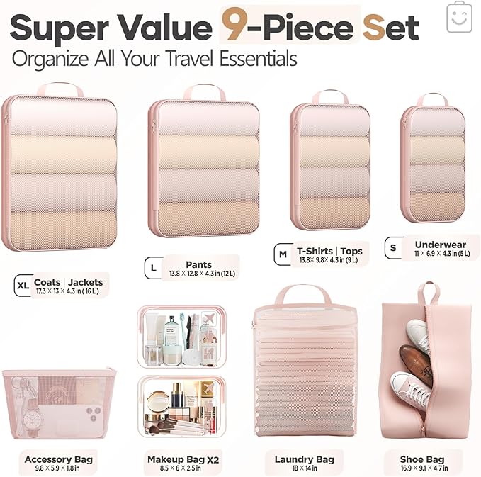 Veken 9/11 Set Compression Packing Cubes Garment Bags for Travel Essentials,Compressible Expandable Luggage Organizer Bags for Clothing,Space Saver Bags with Over 1000 pcs of Mesh Holes(Beige) - Image 2