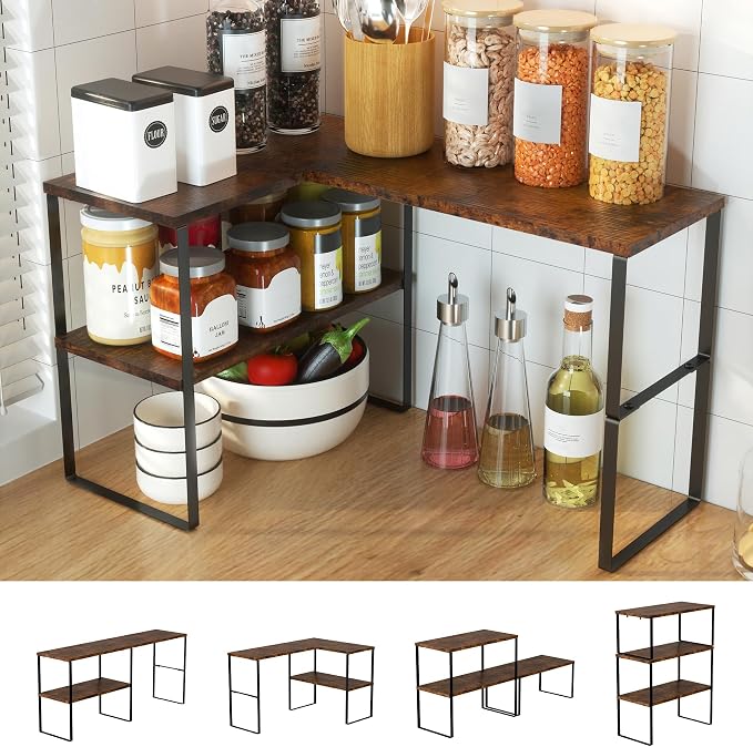Golener Kitchen Counter Organizer, Countertop Shelf, Adjustable, Stackable | Kitchen Countertop Organizer, Spice Rack, 2-Tier Countertop Shelves, Corner Desk Shelf, Corner Counter Shelf, Rustic Brown by Golener