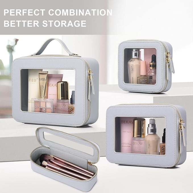 Pinkmik Clear Makeup Bag with Brush Bag, Gray, (L+SLIM) | 2pcs, Waterproof, Travel Case for Cosmetics and Toiletries, Women's Cosmetic Organizer, with Zipper - Image 6