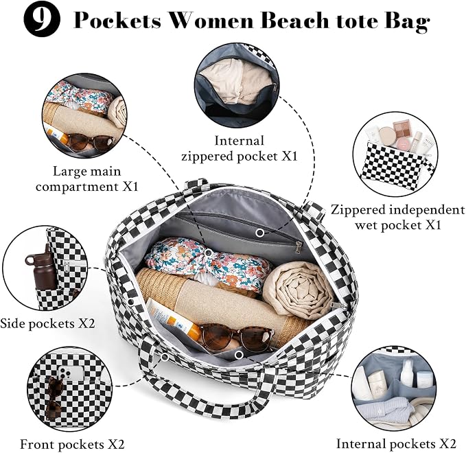 Large Beach Bags for Women, Waterproof Sandproof Beach Tote Bags Swim Pool Bags with Zipper & Wet Pocket Family - Image 4