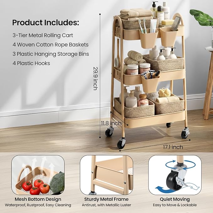 3-Tier Rolling Utility Cart with 4 Woven Baskets, Diaper Book Snack Cart, Storage Organizer for Nursery, Kitchen, Craft Room, Home SPA, Living Room, Metal Frame Trolley on Lockable Wheels, Brown - Image 2