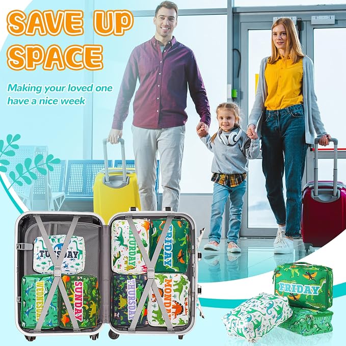 Paterr 7 Pcs Days of Week Packing Cubes for Kids Travel Compression Packing Cubes Colorful Luggage Organizers Suitcase Camp(Dinosaur) - Image 4