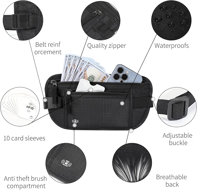 Money Belt for Travel, RFID Blocking, Hidden Money Belt, Passport Holder for Travel (Black) - Image 4