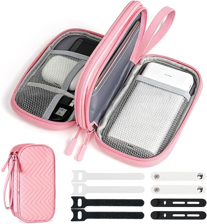 Double Layer Electronics Organizer Bag, Sakura Pink | Water-resistant PU leather travel pouch. Features 8 anti-tangle compartments for 3ft+ cords & chargers. Includes 8 ties. by Woyinger
