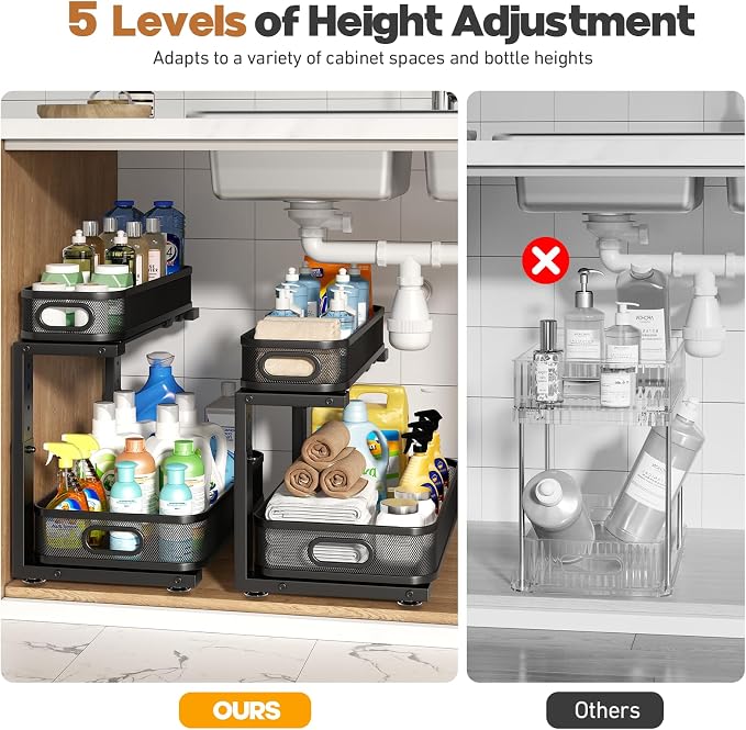 2 Pack 17.3IN-Depth Under Sink Organizer with Smooth Cylindrical Rail,2-Tier Pull Out Multi-Purpose Cabinet Storage for Bathroom&Kitchen,Height Adjustable,Rust-Resistant Coating-Black - Image 8