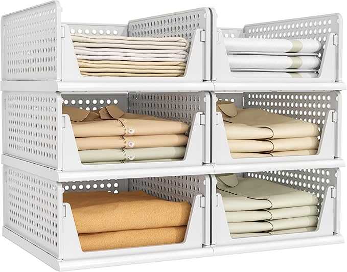 6 Pack Closet Organizer Storage Bins Stackable Plastic Drawer Shelf | Basket for Clothing Stackable Storage Bins Shelf Storage Container for Closet Wardrobe Bedroom Bathroom Office White Foldable by Pinkpum