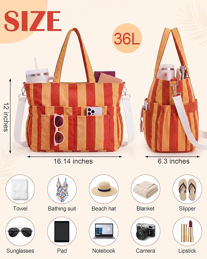 Kacctyen Striped Beach Tote Bag for Women Large Beach Foldable Tote Bag with Zipper Pockets for Travel Pool - Image 3