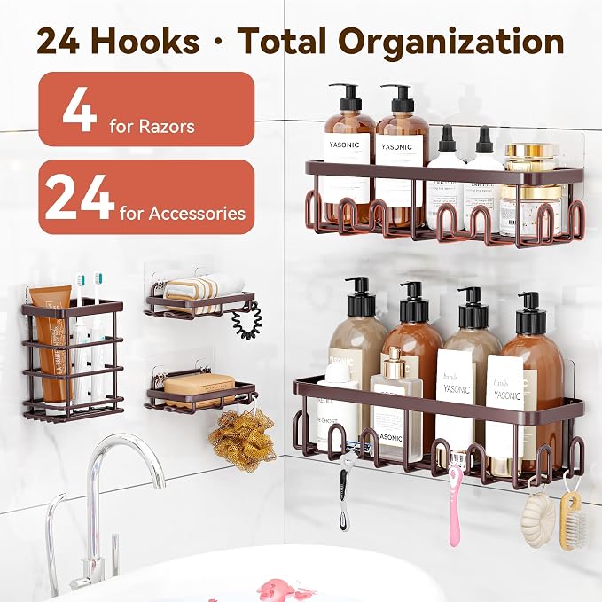 Shower Caddy Adhesive, Rustproof Shower Organizer, Wall Shower Rack | Large Capacity Shower Shelves for Inside Shower, Shampoo Shower Holder, Bronze, 2 Caddies, 2 Soap Dishes, 1 Toothbrush Holder - Image 2