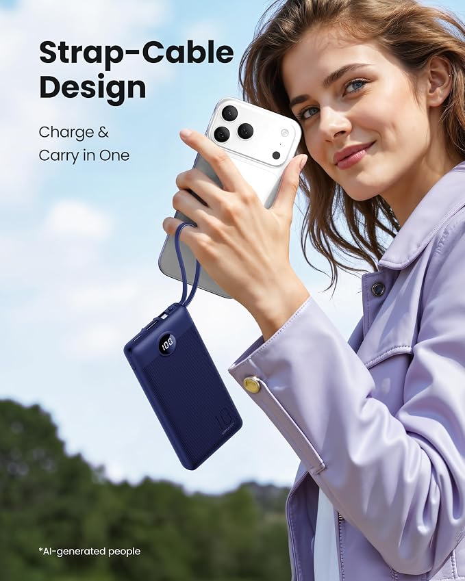 Portable Power Bank, Compact 10000mAh Portable Charger with 4 Cables, USB C Battery Pack 5 Outputs 2 Inputs LED Display Compatible with iPhone/Android & More (Navy Blue) - Image 4