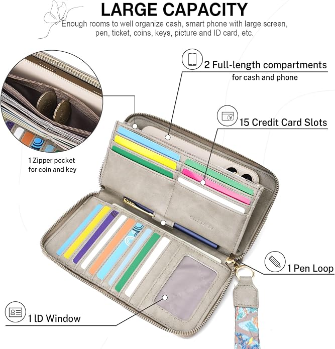 KITEVIUN RFID Wallet Women, Large Capacity Butterfly Cell Phone Clutch Purses Ladies Wristlet Wallets for Women - Image 4