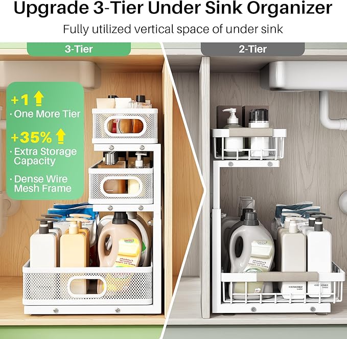Kitstorack Under Sink Organizer, 1-Pack 3-Tier Height Adjustable Thickened Metal Pull out Cabinet Organizer Shelf, Slide out Storage Drawer Rack for Bathroom Kitchen Pantry Home Laundry Organization - Image 3