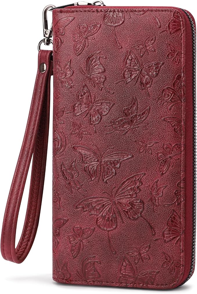 BELTANA Wallet Women RFID Blocking Large Capacity Wristlet Wallets for Women Butterfly Embossed Vegan Leather Clutch Purses with Card & Passport Holder (Red-Butterfly) by BestSeller