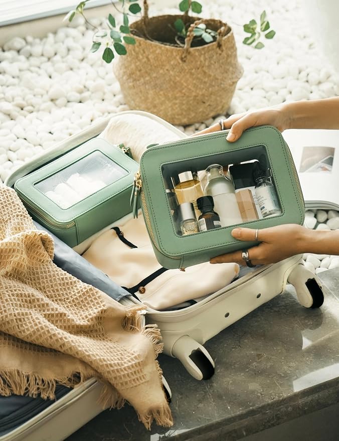 Clear Makeup Bag with Zipper Travel Toilrty Bag Sage Green Medium | Structured Clear Cosmetic Case for Women, Car Essential Organizer Bag, Waterproof PU Leather, Dual Zipper, Wide Opening - Image 6