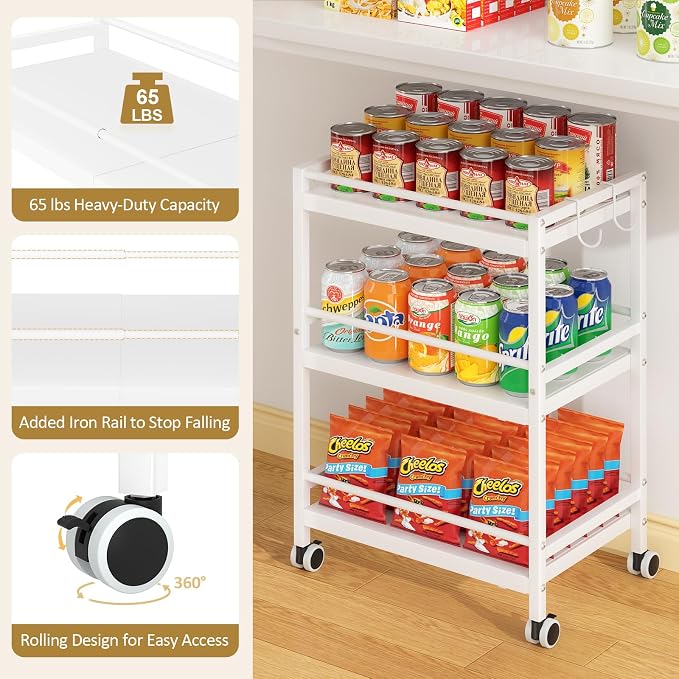 3-Tier Expandable Rolling Pantry Organizers and Storage Cart with Wheels, Adjustable Pantry Floor Organizer, Snack Cart for Pantry, Kitchen Storage Cart with 4 Hooks for Snack, Food, Vegetables, White - Image 4