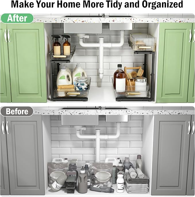 ARSTPEOE Under Sink Organizer - 2 Pack Multi-Purpose Pull-Out Storage Shelf | Slide out Pull out Cabinet Organizer Shelf, Storage for Kitchen Bathroom, Clear - Image 5