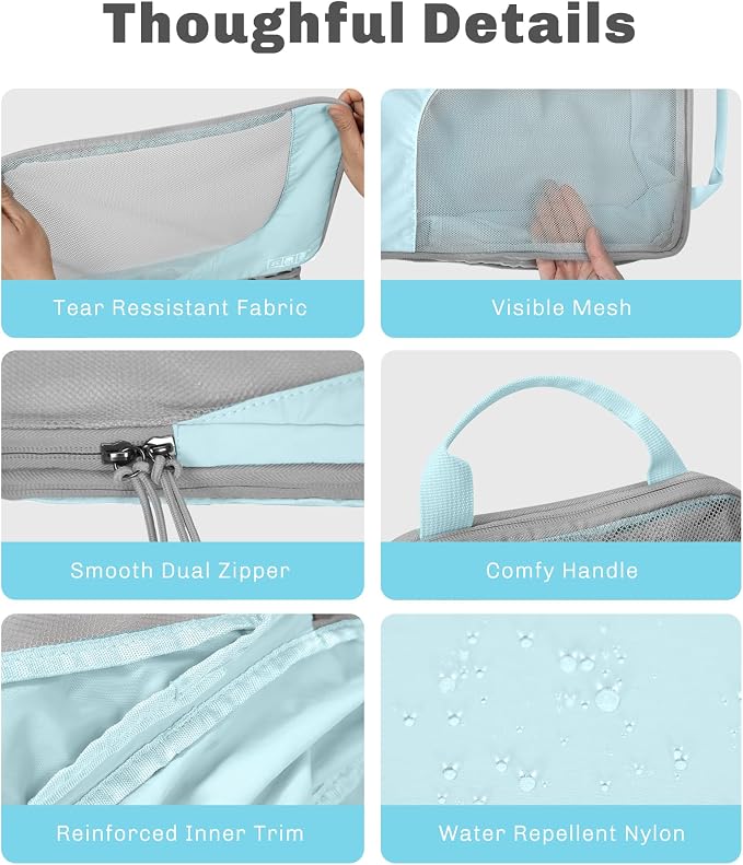 6 Set/ 4 Set/ 2 Set Compression Packing Cubes Travel Essentials Lightweight Nylon Luggage Suitcase Organizer Bag Light Blue 2PCS - Image 7